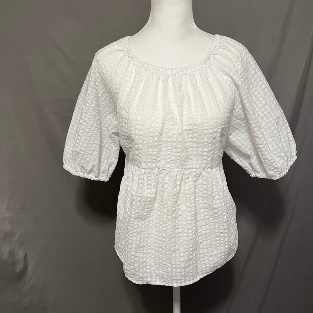 Old Navy Womens White Peasant Babydoll Top Sz M Puff Slv Cottagecore Clean Girl